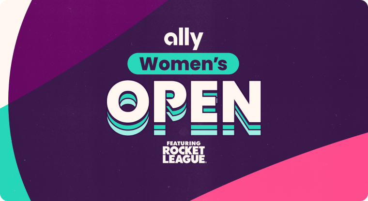 A pink, purple and turquoise logo with the text “Ally Women's Open featuring Rocket League.