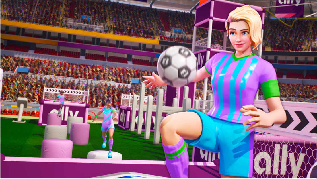 A woman Fortnite character plays with a soccer ball.