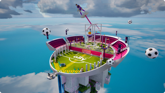 A soccer arena island floating in the clouds 
