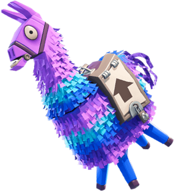 the purple, teal and blue Fortnite llama.