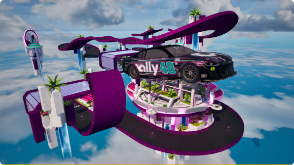 A racetrack island featuring the Ally racecar floating in the clouds