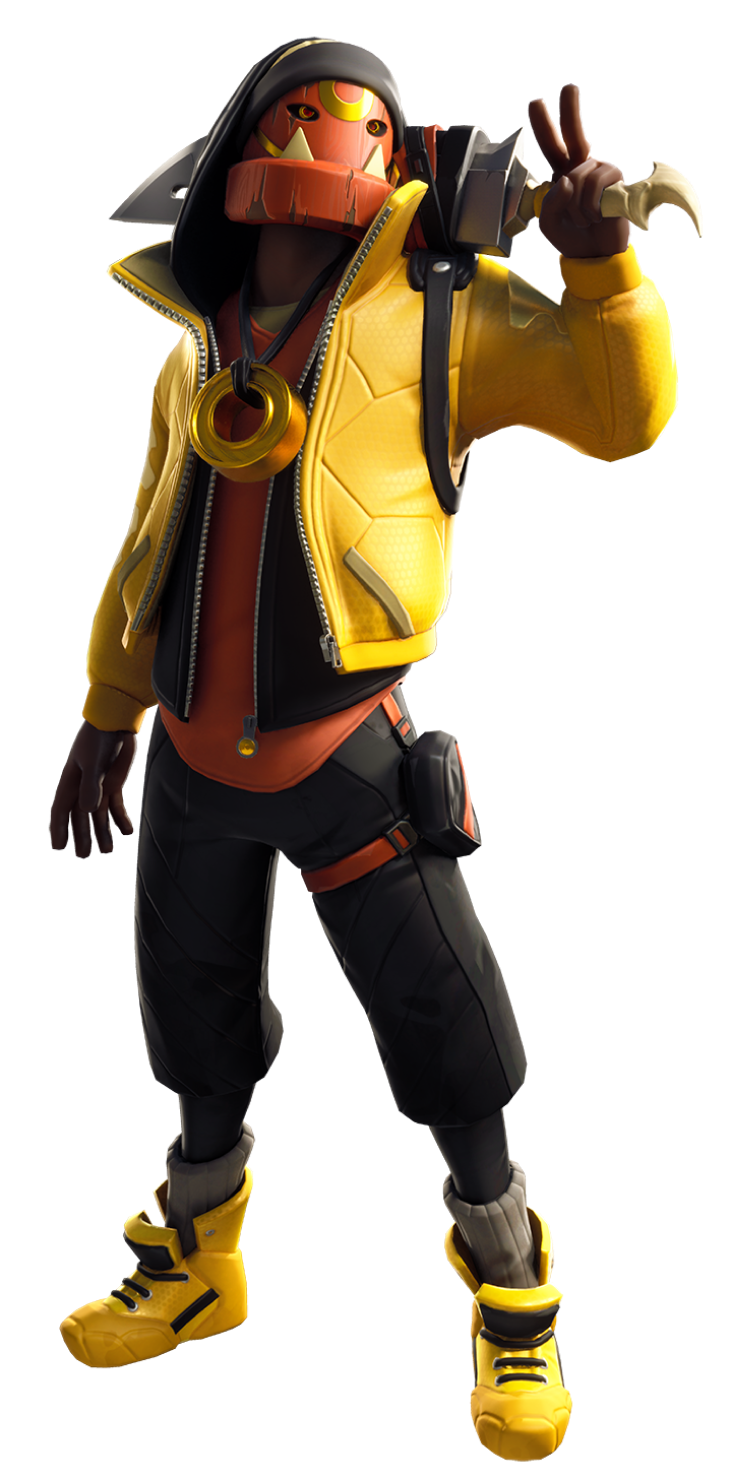 A Fortnite character illustration of a Black man wearing a goldfish mask and a yellow coat.